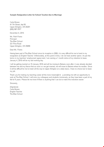 resignation letter with reason of marriage template