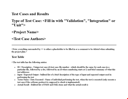 test case template: number, table, total cases - download now template