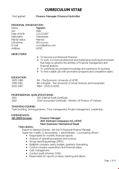 finance controller resume template template
