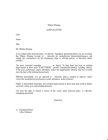 relevant employee warning letter for written behavior template