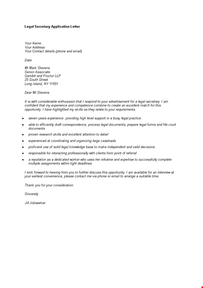 legal secretary job application letter template