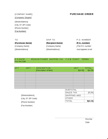 create a purchase order - company | po number | street address template