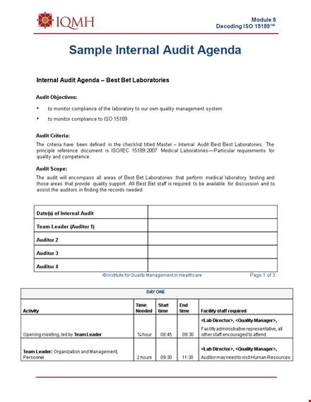 sample internal audit agenda template