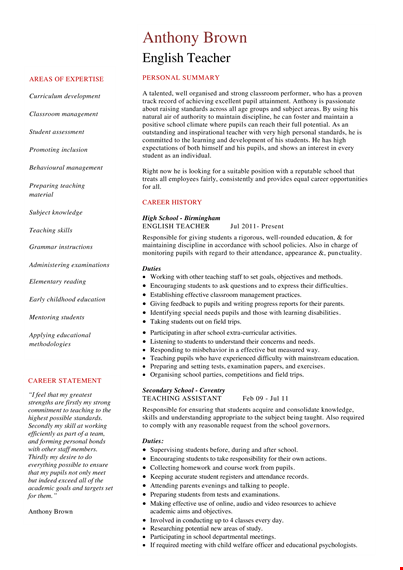 high school teacher resume template