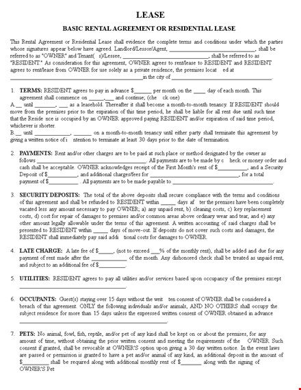 rental lease agreement - owner and resident agreement for premises template