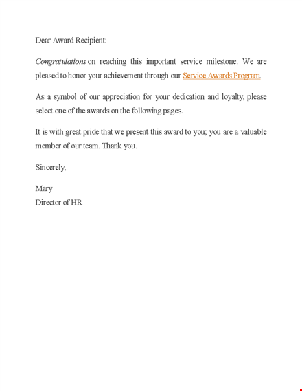 recognition letter | award-winning service | appreciating our recipients template