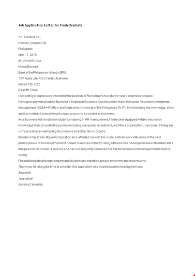 job application letter for fresh graduate template