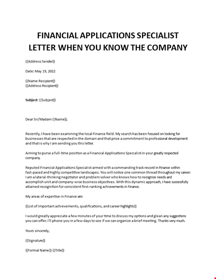 financial applications specialist cover letter template