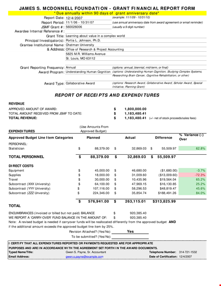 grant financial report template - university award budget grant template