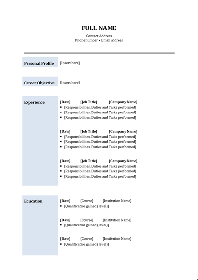 professional curriculum vitae template - insert, tasks, duties, responsibilities template