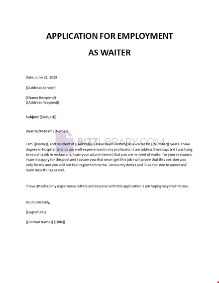 application for employment as waiter template