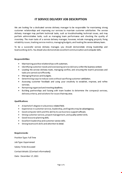 it service delivery job description template