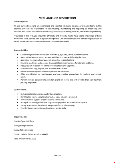 mechanic job description template