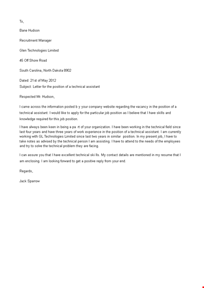technical assistant cover letter template