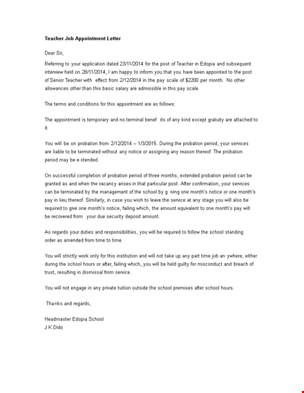 appointment letter for teacher - probation template