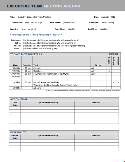 executive team agenda - streamline your meeting topics template