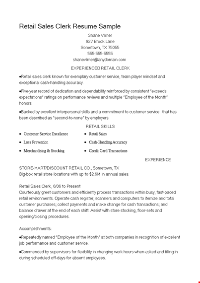 retail sales clerk resume sample template