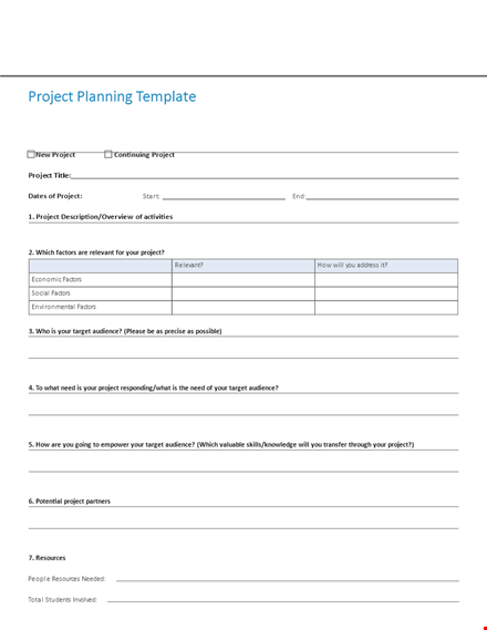 project planning template - define outcomes & factors for effective project management template