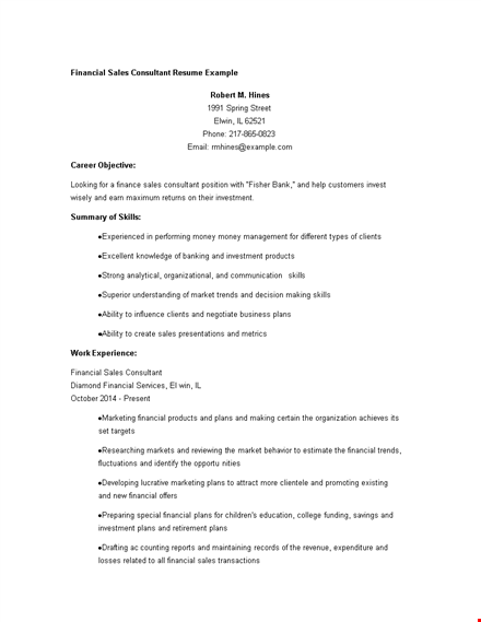 financial sales consultant resume template