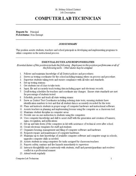 computer lab technician job description: ability to assist students in performing computer duties template