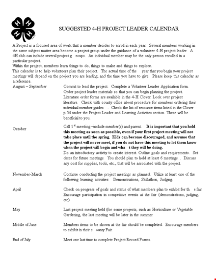 project leader calendar template template