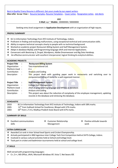 sample resume cv format for project management at college level technology template