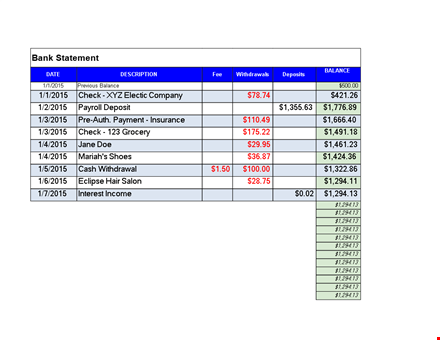 simple bank statement template template