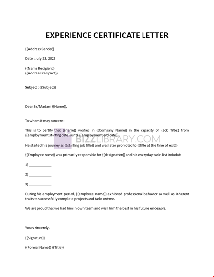 experience certificate letter template