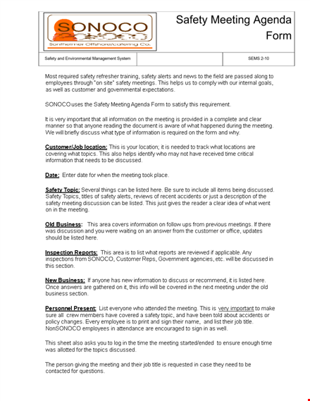 safety meeting agenda form sample template