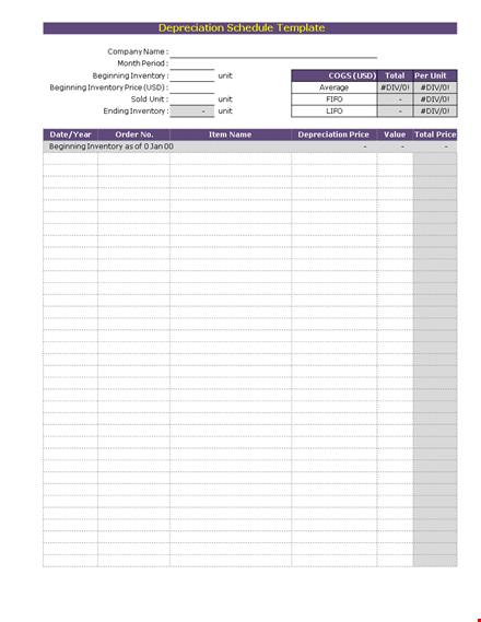 depreciation schedule template - calculate inventory prices & beginning depreciation template