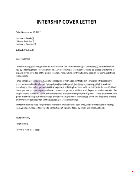 internship cover letter template template