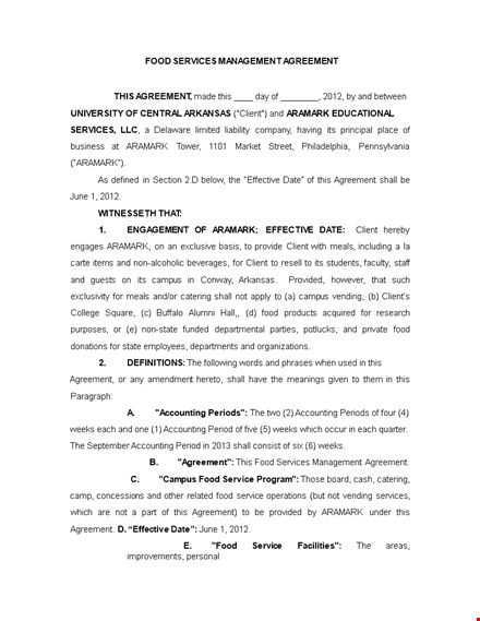 food service management contract template for client agreement with aramark template