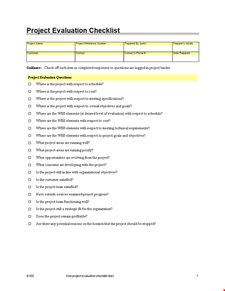 free project evaluation checklist template