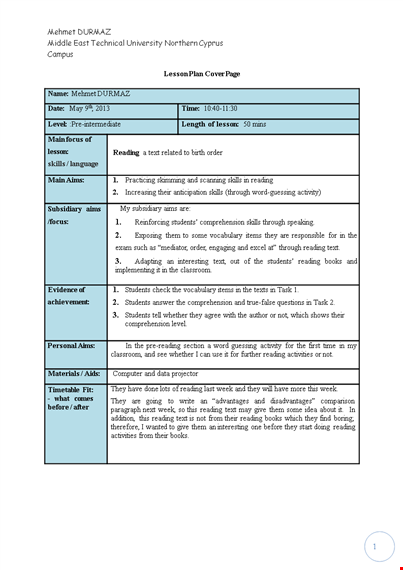 reading comprehension lesson plan template