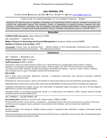 senior financial accountant resume - accounting, financial & systems functions template
