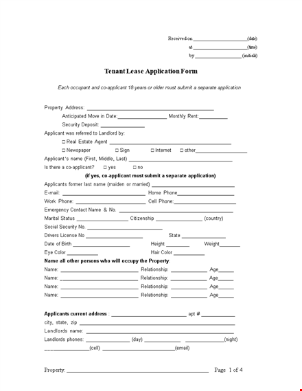 tenant lease application form template
