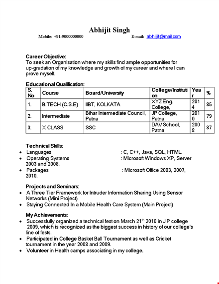computer engineering fresher resume format template