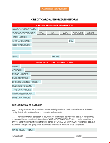 credit card authorization form sample template