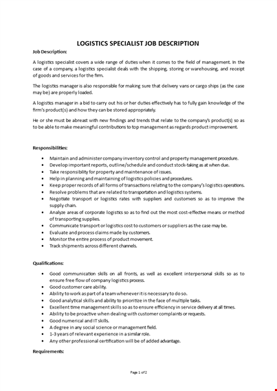 logistics specialist job description template