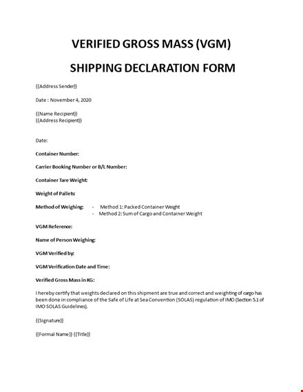 verified gross mass (vgm) shipping declaration template