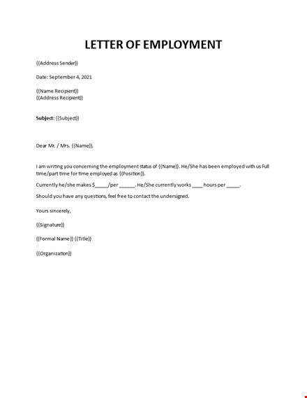 letter of employment sample template