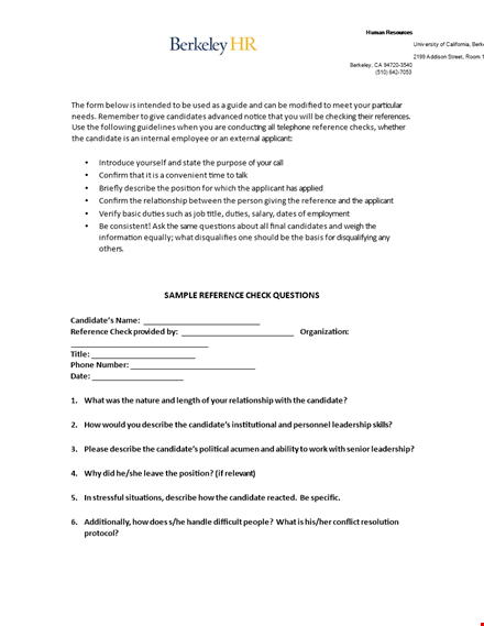 reference check questionnaire form template