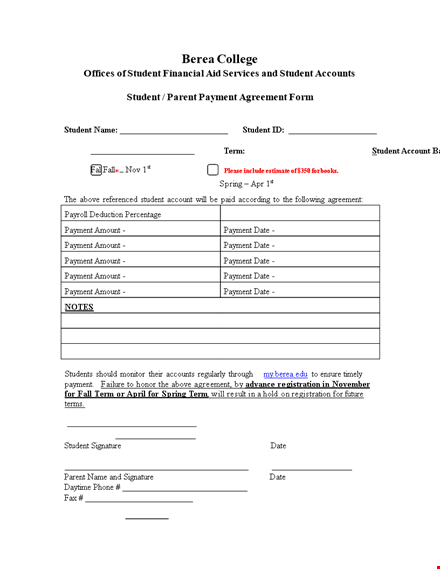 customize payment agreement template for students | pay any amount | berea template