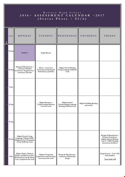 senior assessment calendar template