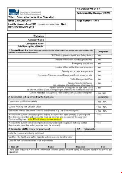 contractor induction checklist template