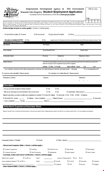 student job application form | easy-to-use employment information template template