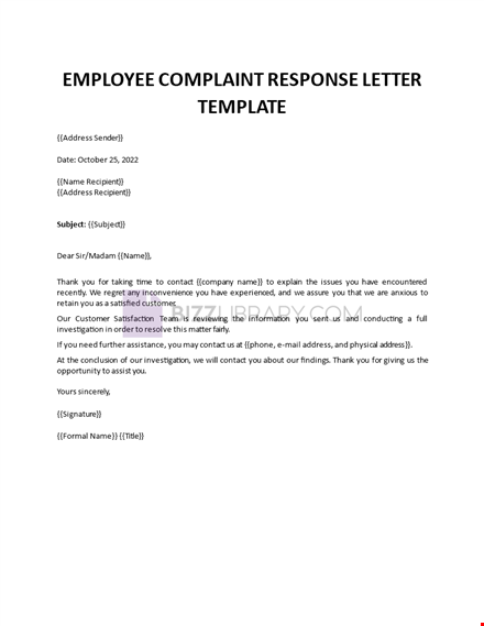 employee complaint response letter template template