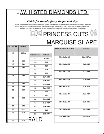 diamond size chart - weight and shapes for all sizes of diamonds template