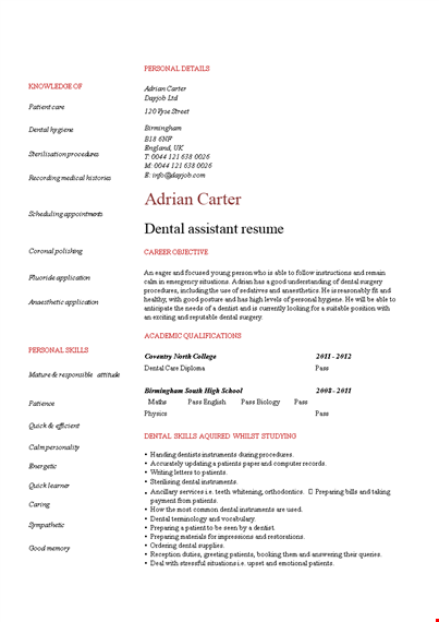 dental administration assistant resume - personal, dental, dayjob, patients template