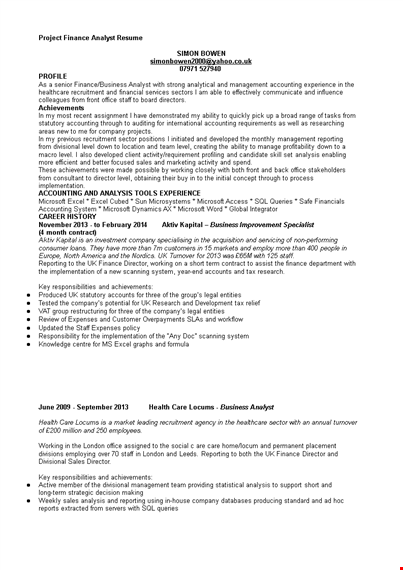 project finance analyst resume template